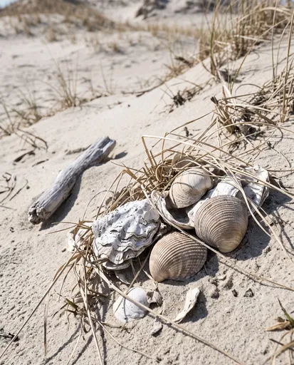 Weathered Shells and Driftwood on Sand Dune