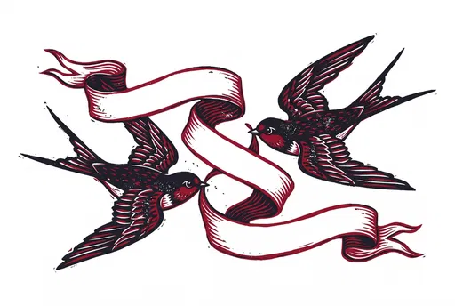 Linocut Swallows With Blank Ribbon Banner