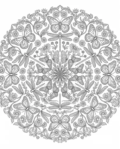 Butterfly and Dragonfly Floral Mandala Coloring Page