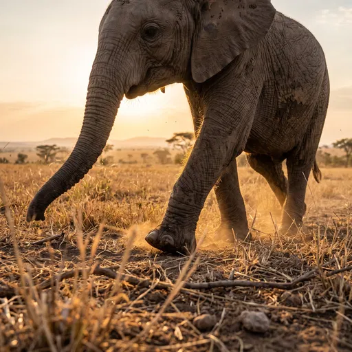 Baby Elephant Walking on Savanna at Sunset