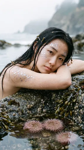 Realistic Mermaid Resting on Tide Pool Rocks