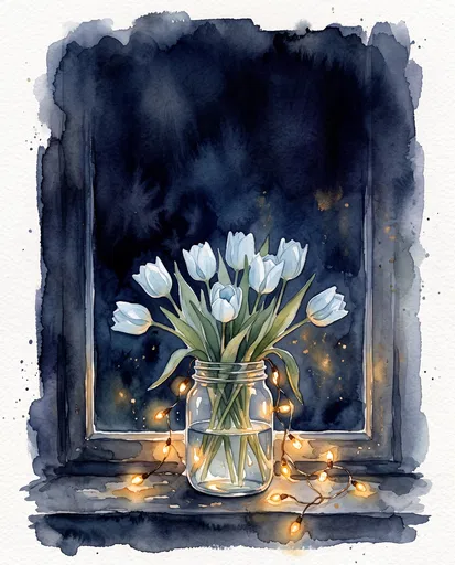 Watercolor Blue Tulips on Night Windowsill