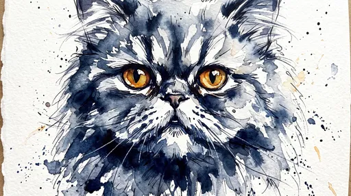 Indigo Watercolor Sketch of Persian Cat