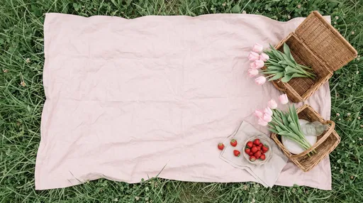 Overhead Pink Picnic Blanket With Tulips