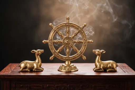Brass Dharma Wheel With Kneeling Deer