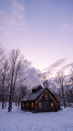 Rustic Maple Sugarhouse at Twilight in Snow
