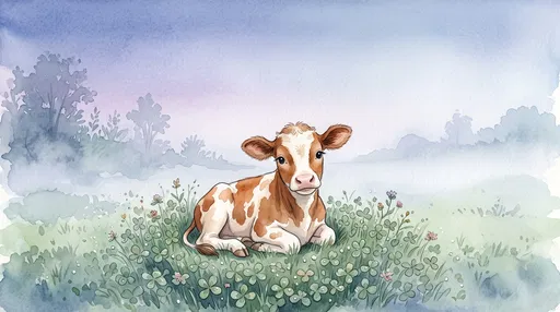 Watercolor Calf Sitting in Clover Patch