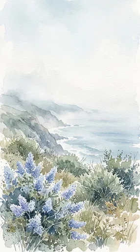 Watercolor Coastal Chaparral and Ocean Landscape