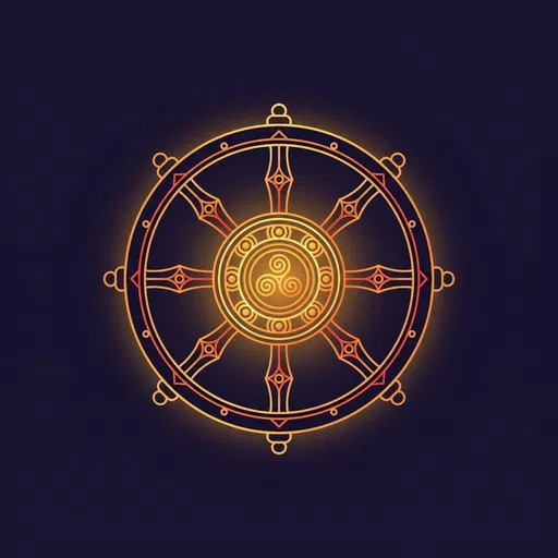 Glowing Gold Dharmachakra Wheel Illustration