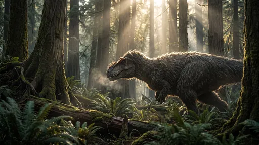 Feathered Dinosaur in Sunlit Prehistoric Forest