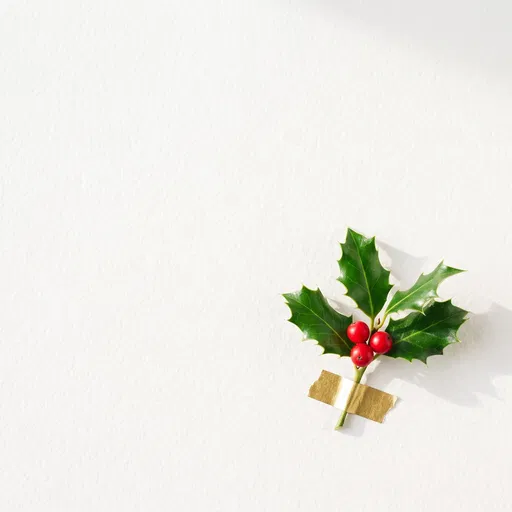 Minimalist Holly Sprig Taped to White Paper