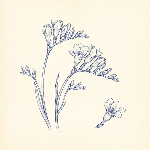Blue Ink Freesia Botanical Illustration