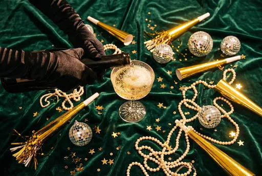 Gloved Hands Pouring Champagne on Velvet