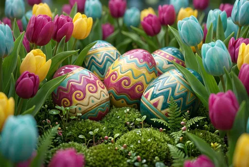Patterned Ceramic Easter Eggs Among Colorful Tulips
