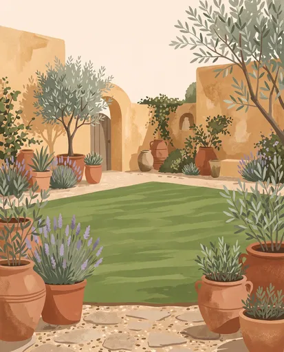 Mediterranean Courtyard Garden Illustration with Lawn