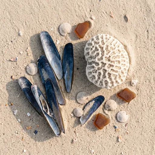 Coastal Shells and Coral on Sand