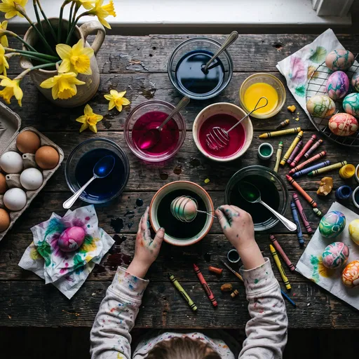 Child Dyeing Easter Eggs Flat Lay