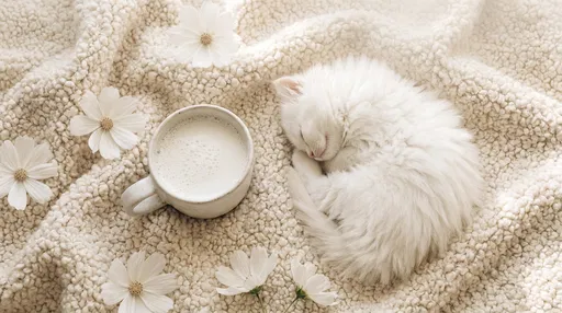 Sleeping White Kitten Next to Milk Mug