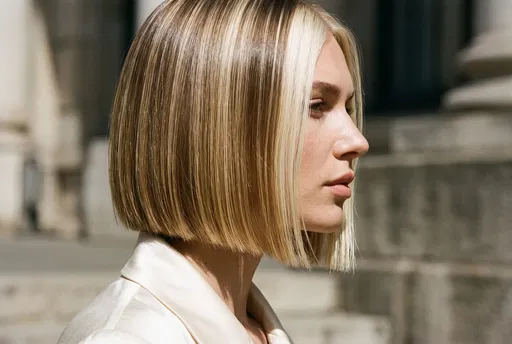 Woman with Highlighted Blonde Bob in Profile