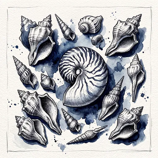 Ink and Watercolor Seashell Collection Illustration