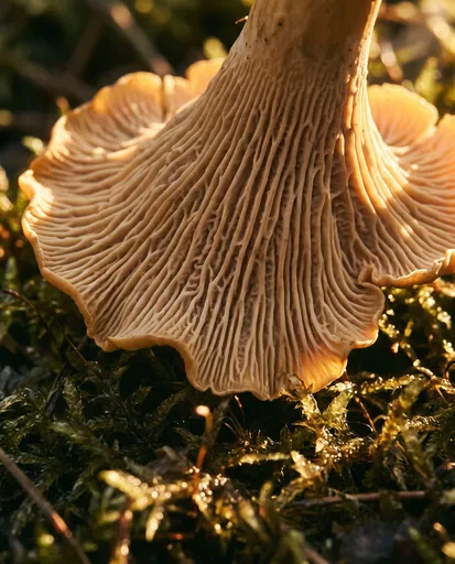 Overturned Chanterelle Mushroom on Wet Moss