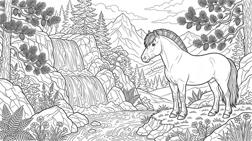Norwegian Fjord Horse Waterfall Coloring Page