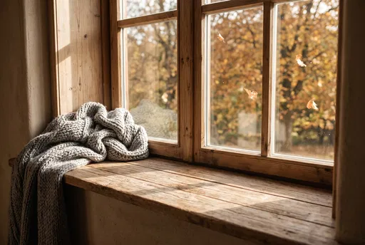 Sunlit Wooden Window Sill in Autumn