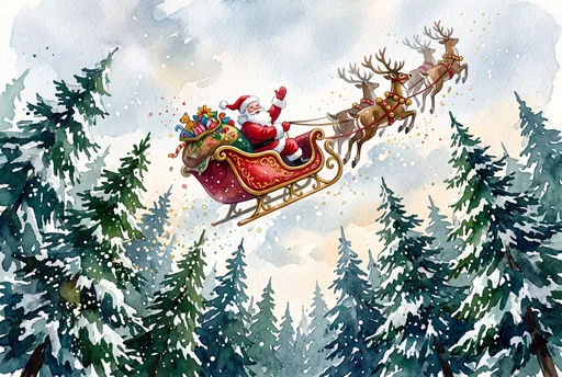 Watercolor Santa Claus Flying Over Pine Forest