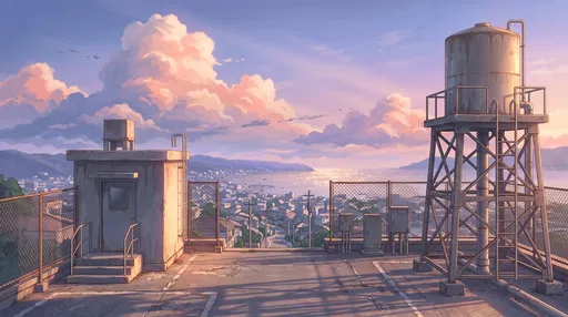 Anime Rooftop Overlooking Coastal Town at Sunset