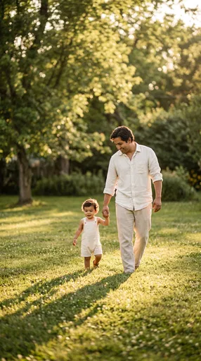 Father and Toddler Walking on Lawn