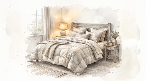 Watercolor Illustration of Cozy Cottage Bed