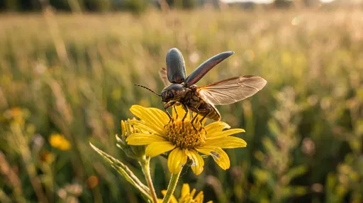 Beetle Spreading Wings on Yellow Wildflower