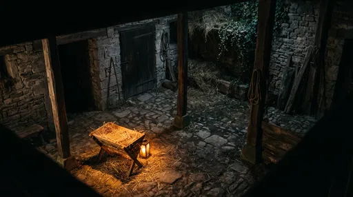 Glowing Wooden Manger in Dark Stone Stable