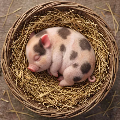 Spotted Piglet Sleeping in Straw Basket