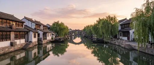Panoramic Jiangnan Water Town at Sunset