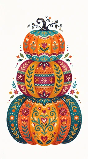 Folk Art Stacked Ornate Pumpkins Illustration