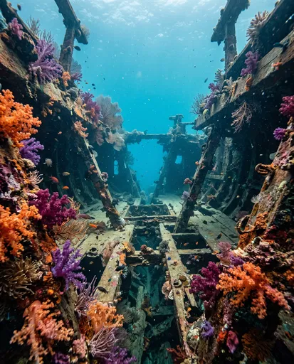 Coral Overgrown Sunken Shipwreck Underwater