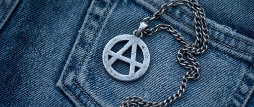 Distressed Silver Anarchy Pendant on Denim