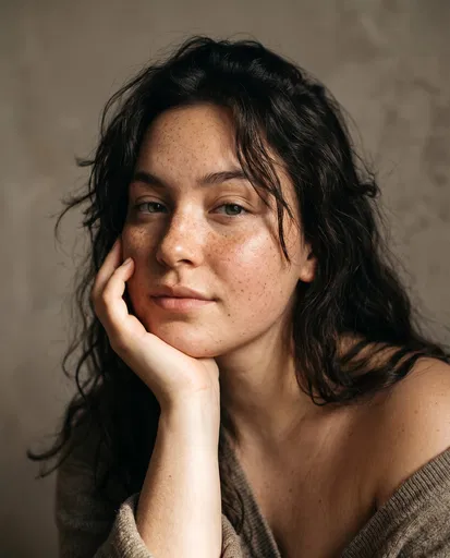 Portrait of Freckled Woman Resting Chin