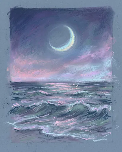 Pastel Crescent Moon Over Ocean Waves