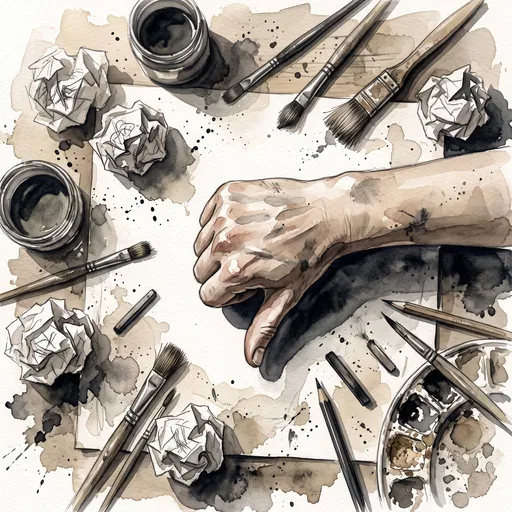 Watercolor Hand Giving Thumbs Down Over Art Supplies