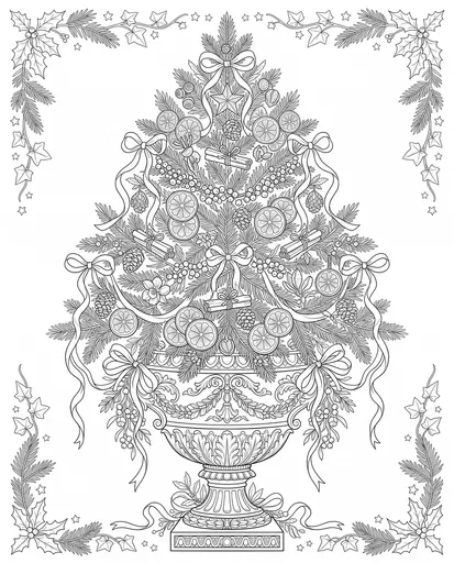 Botanical Christmas Tree in Ornate Urn Line Art