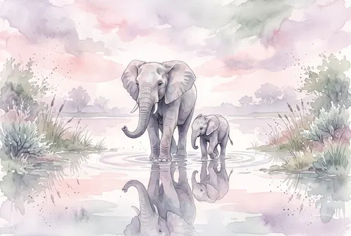 Watercolor Mother Elephant and Calf in Water