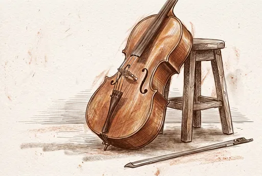 Sepia Sketch of Cello and Stool
