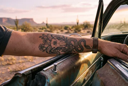 Desert Skull and Snake Forearm Tattoo