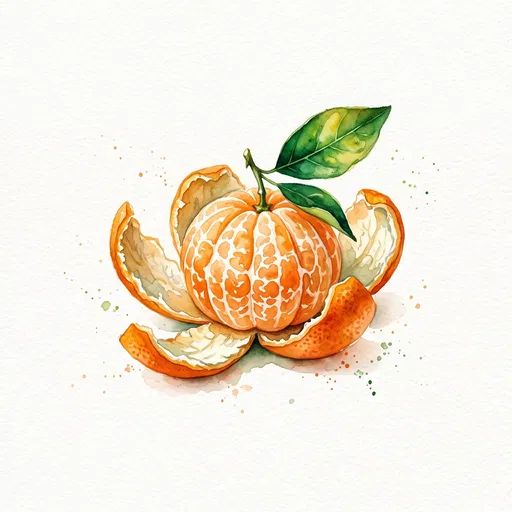 Watercolor Peeled Tangerine With Green Leaves