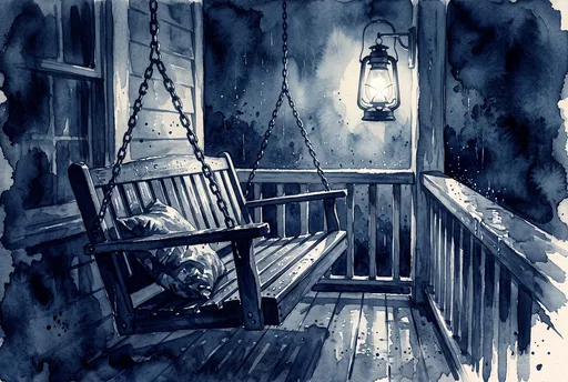 Indigo Watercolor Porch Swing at Night