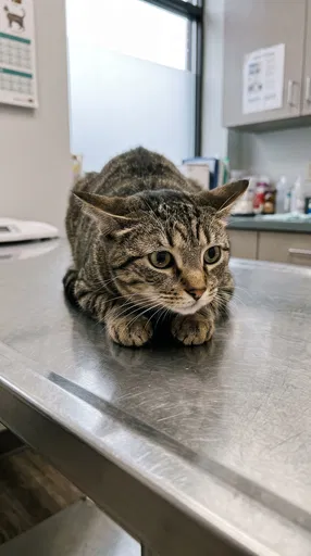 Nervous Tabby Cat on Vet Table