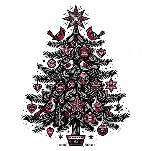 Folk Art Linocut Christmas Tree Illustration