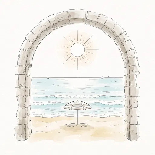 Stone Archway Framing Sunny Beach Illustration